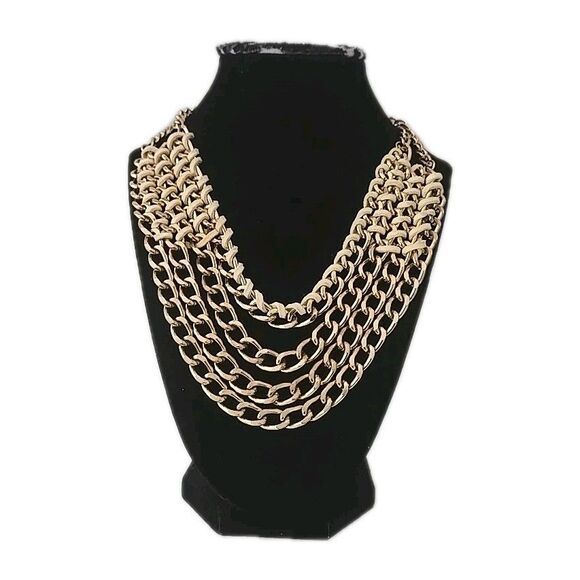 Mika Gold-tone & Leather Multi-layered Gold-tone Chain Statement Necklace 18-21" - Picture 4 of 8